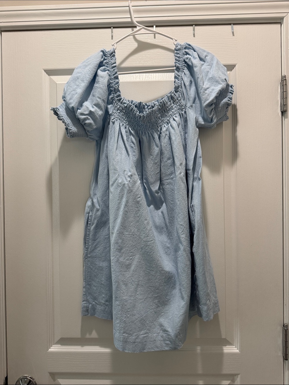 Free People Off-Shoulder Light Blue Puff Sleeve Mini Dress with Pockets